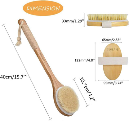 Dry Brushing Body Brush, Wooden Handle, Natural Bristles, 2Pcs-Set | Medium Strength Body Scrub Brush, Gentle Exfoliator, Cellulite Reduction, Enhances Blood Circulation, Reveals Glowing Skin