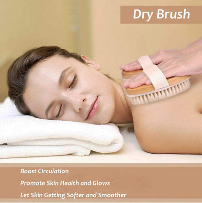Dry Brushing Body Brush, Wooden Handle, Natural Bristles, 2Pcs-Set | Medium Strength Body Scrub Brush, Gentle Exfoliator, Cellulite Reduction, Enhances Blood Circulation, Reveals Glowing Skin