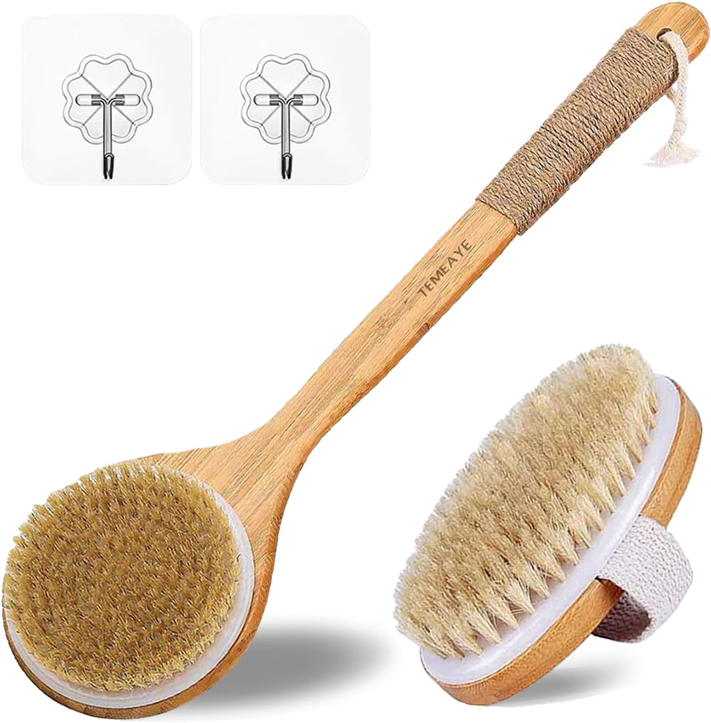 Dry Brushing Body Brush, Wooden Handle, Natural Bristles, 2Pcs-Set | Medium Strength Body Scrub Brush, Gentle Exfoliator, Cellulite Reduction, Enhances Blood Circulation, Reveals Glowing Skin
