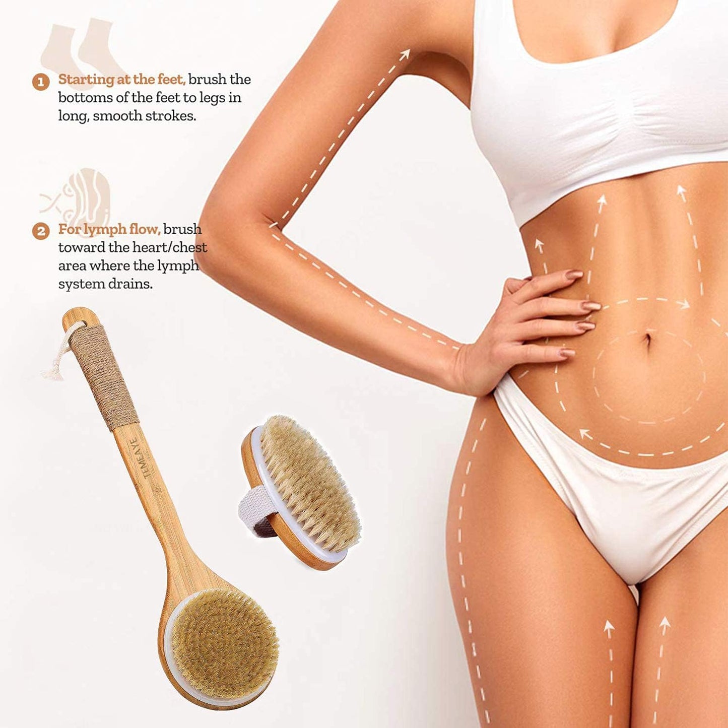 Dry Brushing Body Brush, Wooden Handle, Natural Bristles, 2Pcs-Set | Medium Strength Body Scrub Brush, Gentle Exfoliator, Cellulite Reduction, Enhances Blood Circulation, Reveals Glowing Skin