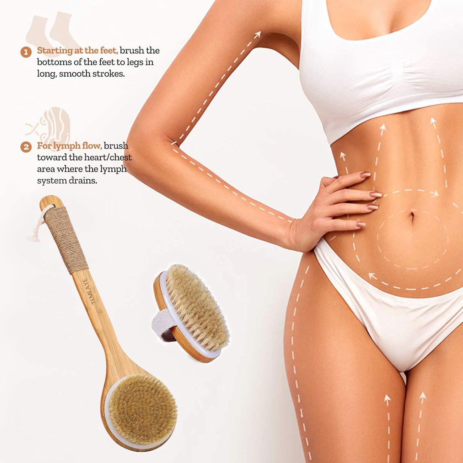 Dry Brushing Body Brush, Wooden Handle, Natural Bristles, 2Pcs-Set | Medium Strength Body Scrub Brush, Gentle Exfoliator, Cellulite Reduction, Enhances Blood Circulation, Reveals Glowing Skin