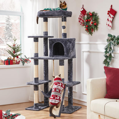 Yaheetech 63In Sturdy Large Cat Tree for Indoor Heavy Cats, Tall Tower | Plush Condo, Hammock, Sisal Scratching Posts, Multi-Pet Friendly, Easy to Assemble, Stable Wide Base
