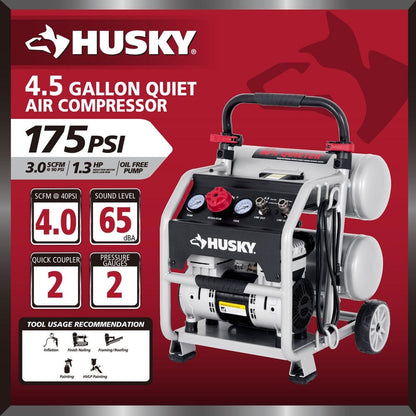 4.5 Gal. 175 PSI Portable Electric Oil-Free Quiet Twin Stack Jobsite Air Compressor W/Rubber Wheels and 2-Quick Couplers